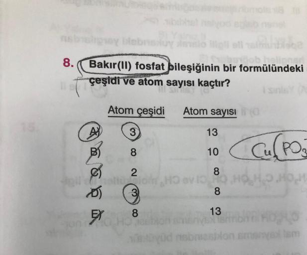 15
nabishgsey blebrisluy
8. Bakır(II) fosfat bileşiğinin bir formülündeki
çeşidi ve atom sayısı kaçtır?
I sinis (A
D)
EX
Atom çeşidi Atom sayısı
13
10
8
8
13
3
8
2
ollulom HO ev 10
3
8
yüd
(0
Cu(PO
HOHOH
wax lam