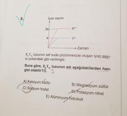 8.
İyon sayısı
3a
af
- Xm+
3
Yn-
X₁Ym tuzunun saf suda çözünmesiyle oluşan iyon sayı-
sı yukarıdaki gibi verilmiştir.
A) Kalsiyum fosfür
C) Sodyum fosfat
Zaman
Buna göre, X, Y tuzunun adı aşağıdakilerden han-
gisi olabilir?
m
B) Magnezyum sülfür
D) Potasyum nitrat
E) Alüminyum hidroksit