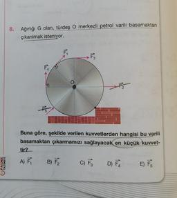 PALME
YAYINEVİ
8.
Ağırlığı G olan, türdeş O merkezli petrol varili basamaktan
çıkarılmak isteniyor.
F₁
tir?
P
25
F₁
A) F₁ B) F₂
F3
Buna göre, şekilde verilen kuvvetlerden hangisi bu varili
basamaktan çıkarmamızı sağlayacak en küçük kuvvet-
C) F3 D) F4
2
E) F