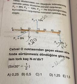 Yatay düzlemdeki cm ölçeğiyle bölmelenmiş
cetvele yatay düzleme paralel uygulanan
F₁ = 8N, F₂ = 10N, F3
kuvvetlerin uygulama noktaları şekilde veril-
= 7N büyüklüğündeki
miştir.
0
5. 10
30%
F₁ = = 8N
F₂ = 10N
65
15
+90
+50
20
25
30
D
-
F3=N/
Cetvel O noktasından geçen eksen etra-
fında sürtünmesiz döndüğüne
lam tork kaç N-m'dir?
1
(Sin30° = ¹)
A) 0,25 B) 0,5 C) 1
+42
e top-
12 cm№
D) 1,25 E) 1,5