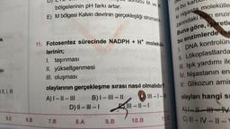 le,
BSI
5.C
6.B
bölgelerinin pH farkı artar.
E) M bölgesi Kalvin devrinin gerçekleştiği stromadır.
11. Fotosentez sürecinde NADPH + H molekül-
lerinin;
1. taşınması
II. yükseltgenmesi
III. oluşması
olaylarının gerçekleşme sırası nasıl olmalıdır?
A) I-II-III
B) I-III-II
7.B
D) II-III-I
M ve K
8.A
9.B
10.B
111-1-11
|-||-|
ki nişasta molekülle
zarındaki bazı enzir
Buna göre, işaretle
bu enzimlerde ras
1. DNA kontrolün
II. Lökoplastlarda
III. Işık yardımı ile
IV. Nişastanın en
V. Glikozun amin
olayları hangi s
11.C
ra bu kar
AHHIV
C) III-IV-II-V