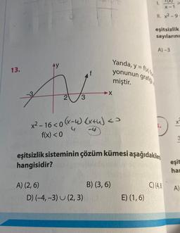 13.
A
2 3
x²-16 <0 (x-4) (x+u) <o
-4
f(x) < 0
A) (2,6)
-X
D) (-4,-3) (2, 3)
B) (3,6)
1.
X-1
11. x²-9
Yanda, y = f(x) fo
yonunun grafiği
miştir.
eşitsizlik sisteminin çözüm kümesi aşağıdakilerd
hangisidir?
E) (1,6)
eşitsizlik
sayılarını
A)-3
C) (4,8)
3
eşit
han
A)