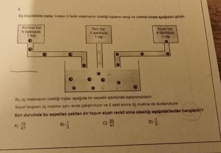 Eş büyüklükte toplar üreten 3 farklı makinenin ürettiği topların rengi ve üretme süresi aşağıdaki gibidir.
Kirmizi top
5 dakikada
1 top
San top
3 dakikada
1 top
15
Bu üç makinenin ürettiği toplar aşağıda bir sepetin içerisinde toplanmaktadır.
Sepet boşken