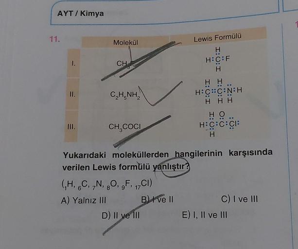 AYT / Kimya
11.
I.
II.
III.
Molekül
(H, C,
A) Yalnız III
CH
C,HẠNH,
CH₂COCI
6 , 7N, 8O, 9F, 17CI)
Yukarıdaki moleküllerden hangilerinin karşısında
verilen Lewis formülü yanlıştır?
D) Il ve Ill
Lewis Formülü
Ḥ
H:C:F
H
B) I ve II
HH..
H:C…C:N:H
HHH
HO..
H:C: