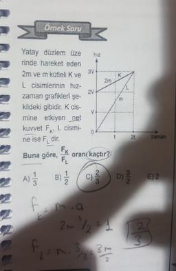 Örnek Soru
Yatay düzlem üze
rinde hareket eden
2m ve m kütleli K ve
L cisimlerinin hız-
zaman grafikleri şe-
kildeki gibidir. K cis-
mine etkiyen_net
kuvvet F, L cismi-
ne ise F dir.
Buna göre,
A) 1/2
FK
FL
B)
1/2
hiz
3V
2V
0
2m
oranı kaçtır?
t
21
fm.a
21/22
F₁ = m ² 3 1/2-3 m
C) ² D) E) 2
zaman
B