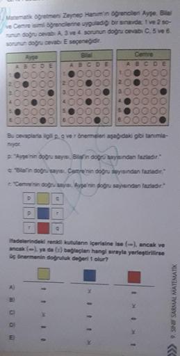 Matematik öğretmeni Zeynep Hanim'in öğrenciler Ayşe, Bilal
ve Cemre isim öğrencilerine uyguladiği bir sınavda, 1 ve 2 so-
runun doğru cevabi A, 3 ve 4. sorunun doğru cevabi C, 5 ve 6.
sorunun doğru cevab E seçeneğidir.
23456
B)
Ayse
BODE
0000
D)
E
000
P
2
