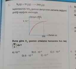 1.
N₂(g) + 3H₂(g) →→→ 2NH₂(g)
tepkimesinde NH3 gazının derişiminin zamanla değişimi
grafiği aşağıda verilmiştir.
Derişim (mol)
4.10-²
B) 2-10-4
{
1
D) 5-10-3
200
Buna göre H₂ gazının ortalama harcanma hızı kaç
(M)'di
'dir?
A) 10-4
→ Zaman (s)
E) 10-²
C) 3.104
3. Sa
C
te
ni
A
4. G
le
C