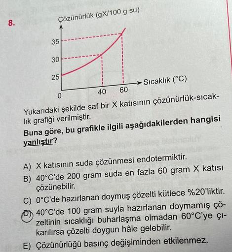 8.
Çözünürlük (gX/100 g su)
35
30
25
→Sıcaklık (°C)
40
Yukarıdaki şekilde saf bir X katısının çözünürlük-sıcak-
lık grafiği verilmiştir.
0
60
Buna göre, bu grafikle ilgili aşağıdakilerden hangisi
yanlıştır?
A) X katısının suda çözünmesi endotermiktir.
B) 4