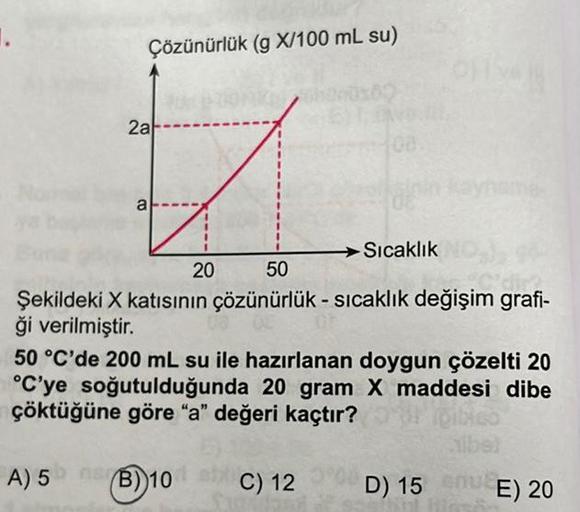 1.
Çözünürlük (g X/100 mL su)
2a
a
A) 5 B) 10
Sıcaklık
20 50
Şekildeki X katısının çözünürlük - sıcaklık değişim grafi-
ği verilmiştir.
50 °C'de 200 mL su ile hazırlanan doygun çözelti 20
°C'ye soğutulduğunda 20 gram X maddesi dibe
çöktüğüne göre "a" değer