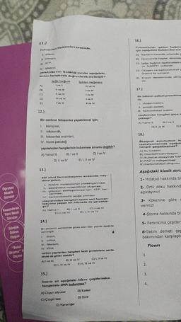 Öğreten
Klasik
Sorular
Kazandıran
Yeni Nesil
Sorular
Günlük
Ödeve
Uygun
**Bulut
Okuma" il
Ölçme
1.1.)
Fotosentez tepkimeleri sırasında,
1. Olikoz,
ll. oksijen,
IIL ATP,
IV. gliserol
moleküllerinin üretildiği evreler aşağıdaki-
lerden hangisinde doğru olarak verilmiştir?
2 0 0 0 0
Işığa bağımlı
I ve Il
Il
Il
ve III
ve IV
Ill
I've ill
vo TV
12.)
Bir canlının fotosentez yapabilmesi için;
1. kloroplast,
II. mitokondri,
III. fotosentez enzimleri,
IV. hücre çekirdeği
yapılarından hangilerinin bulunması zorunlu değildir?
A) Yalnız III
B) I ve II
C) I ve IV
D) Il ve IV
13.)
Etil alkol fermantasyonu sırasında mey-
dana gelen,
A) Yalnız i
1. NADH molekülünün yükseltgenmesi,
11. asetaldehit molekülünün oluşması,
III. glikozun aktifleştirilmesi için ATP har-
canması,
Işıktan bağımsız
Il ve IV
I've IV
I've Ill
I've Il
Il ve IV
IV. karbondioksitin açığa çıkması
olaylarından hangileri laktik asit ferman-
tasyonu yapan bir hücrede de gerçekle-
şir?
D) II ve IV
L Enzim,
11 mRNA,
III. Ribozom,
IV. tRNA
E) I, II ve IV
B) I ve II
14.)
Bir proteinin sentezinde görev alan bazı yapılar aşağıda
verilmiştir.
D) I, III ve IV
A) Olgun alyuvar
C) Çizgili kas
verllen yapılardan hangileri farklı proteinlerin sente-
zinde de görev alabilir?
A) I ve III
B) III ve IV
C) I ve III
E) I, II ve IV
E) Karaciğer
15.)
Insana ait aşağıdaki hücre çeşitlerinden
hangisinde DNA bulunmaz?
C) I, II ve III
E) II, III ve IV
B) Epitel
D) Sinir
16.)
Fotosentezin ışıktan bağıms
için aşağıdaki ifadelerden har
A) Sadece karanlık ortamda g
B) Granumda başlar, stromac
C) Işığa bağımlı tepkimelerinc
ve NADPH kullanılır.
D) Oksijen ve karbondioksit g
üretimi ile sonlanır.
E)
Enzim denetiminde olma
dir.
17.)
Bir bitkinin palizat parankima
de,
1. oksijen üretimi,
II. protein sentezi,
III. karbondioksit üretimi
olaylarından hangileri gece v
çekleşir?
A) Yalnız II
18.)
dksijenli solunumun kr
reaksiyonlarında aşağıda
hangisi gerçekleşmez?
A) Su tüketimi
B) Oksidatif fosforilasyon
C) Substrat düzeyinde fost-
D) FAD'ın indirgenmesi
E) Karbondioksit oluşumu
B) I ve II
D) II ve III
Aşağıdaki klasik soru
1- Hidatod hakkında bi
2- Örtü doku hakkınd
açıklayınız!
1.
3- Kökenine göre
veriniz!
4-Stoma hakkında bil
2.
E) I
5- Parankima çeşitleri
6-İletim demeti çeş
bakımından karşılaştı
3.
Floem
4.