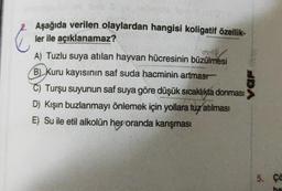 Aşağıda verilen olaylardan hangisi koligatif özellik-
ler ile açıklanamaz?
onals
A) Tuzlu suya atılan hayvan hücresinin büzülmesi
B) Kuru kayısının saf suda hacminin artması
C) Turşu suyunun saf suya göre düşük sıcaklıkta donması
D) Kışın buzlanmayı önlemek için yollara tuz atılması
E) Su ile etil alkolün her oranda karışması
var
5. Ca
ha