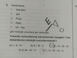 8. Destanlarda,
1.
Kök-Böri
II.
Işık
III. Rüya
w
IV. Ağaç
V. Ok - Yay
O
gibi mitolojik unsurlara yer verilmiştir.
Yukarıda numaralanmış kavramlardan hangileri Türk
destanlarının mitolojik unsurlarındandır?
A) I-II-IV
B) II-III-V
D) II-III-IV-V E) I-II-III-IV-V
CI-II-III-IV
11