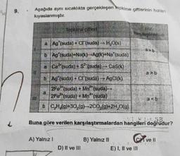 L
9.
Aşağıda aynı sıcaklıkta gerçekleşen tepkime çiftlerinin hızlanı
kıyaslanmıştır.
a Ag (suda) + Cr(suda) → H₂O(s)
b
Ag (suda)+Na(k)→Ag(k)+Na*(suda)
a
Ca(suda) + $(suda) → Cas(k)
b Ag (suda) + Cl(suda) → AgCl(k)
2Fe (suda) + Mn²* (suda)→→
2Fe (suda) + Mn**(suda)
bC₂H₂(g)+30₂(g) →2C0₂(g)+2H₂O(g)
a
Tepkime ciftleri
A) Yalnız I
D) II ve III
PIZ
Kanslagtimmico
B) Yalnız II
1 SB.
Buna göre verilen karşılaştırmalardan hangileri doğrudur?
a>b
2
E) I, II ve III
a>b
acb
ve il