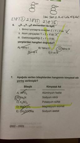 21813218 218) (6
13X, 15Y, 16Z elementleri ile ilgili;
6.
7.
1. Birinci iyonlaşma enerjileri Z> Y>X'dir. X
II. Atom yarıçapları Y>Z>X'dir. X
III. Elektronegatifliği Z> Y> X'dir.
yargılardan hangileri doğrudur?
A) Yalnız I
8
IAK JAK 2 ACUA C6AC
Dve Il
A) AIPO
B) Na N
C) K₂SO4
D) MgCr₂O7
E) CH3COONa
(2022 - 2023)
B) Yalnız II
C) Yalnız III
E) II ve IIT
Aşağıda verilen bileşiklerden hangisinin kimyasal adı
yanlış verilmiştir?
Bileşik
Suri! (0
Kimyasal Ad
Alüminyum fosfat
Sodyum nitrür
Potasyum sülfat
Magnezyum kromat
Sodyum asetat