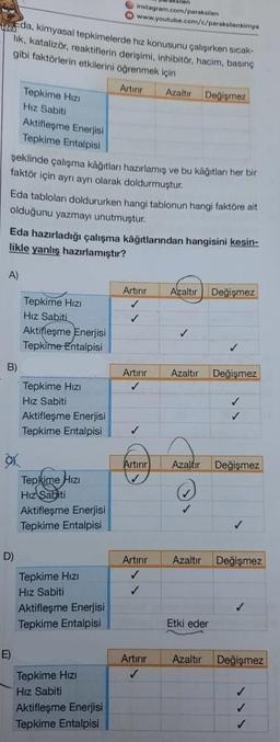 ideda, kimyasal tepkimelerde hız konusunu çalışırken sıcak-
lik, katalizör, reaktiflerin derişimi, inhibitor, hacim, basınç
gibi faktörlerin etkilerini öğrenmek için
Artinr
Azaltır Değişmez
A)
B)
şeklinde çalışma kağıtları hazırlamış ve bu kâğıtları her bir
faktör için ayrı aynı olarak doldurmuştur.
Eda tabloları doldururken hangi tablonun hangi faktöre ait
olduğunu yazmayı unutmuştur.
Eda hazırladığı çalışma kâğıtlarından hangisini kesin-
likle yanlış hazırlamıştır?
OX
Tepkime Hizi
Hız Sabiti
Aktifleşme Enerjisi
Tepkime Entalpisi
D)
E)
Tepkime Hızı
Hız Sabiti
Aktifleşme Enerjisi
Tepkime Entalpisi
Tepkime Hızı
Hız Sabiti
Aktifleşme Enerjisi
Tepkime Entalpisi
Tepkime Hızı
Hız Sabiti
instagram.com/paraksilen
Aktifleşme Enerjisi
Tepkime Entalpisi
www.youtube.com/c/paraksilenkimya
Tepkime Hızı
Hız Sabiti
Aktifleşme Enerjisi
Tepkime Entalpisi
Tepkime Hızı
Hız Sabiti
Aktifleşme Enerjisi
Tepkime Entalpisi
Artırır
✓
✓
Artırır
✓
✓
Artırır
✓
✓
Azaltır
Artırır
✓
Azaltır Değişmez
Artinr Azaltır Değişmez
Değişmez
✓
✓
Etki eder
✓
Azaltır Değişmez
✓
Azaltır Değişmez
✓
✓
✓