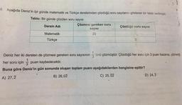 8. Aşağıda Deniz'in bir günde matematik ve Türkçe derslerinden çözdüğü soru sayılarını gösteren bir tablo verilmiştir.
Tablo: Bir günde çözülen soru sayısı
Dersin Adi
Matematik
Türkçe
Çözmesi gereken soru
sayısı
20
Çözdüğü soru sayısı
5
1
Deniz her iki dersten de çözmesi gereken soru sayısının 'ünü çözmüştür. Çözdüğü her soru için 3 puan kazanıp, çözmediği
her soru için puan kaybedecektir.
Buna göre Deniz'in gün sonunda oluşan toplam puanı aşağıdakilerden hangisine eşittir?
B) 26,02
A) 27,2
C) 25,02
D) 24,3