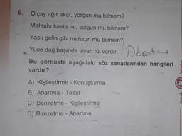 6. O çay ağır akar, yorgun mu bilmem?
Mehtabi hasta mi, solgun mu bilmem?
Yaslı gelin gibi mahzun mu bilmem?
Yüce dağ başında siyah tül vardır.
Abastina
Bu dörtlükte aşağıdaki söz sanatlarından hangileri
vardır?
A) Kişileştirme - Konuşturma
B) Abartma - Tezat
C) Benzetme - Kişileştirme
D) Benzetme - Abartma
Yayınları
Emvoza
Mozaik