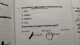 extvell
n olaylar için:
III ve IV
3. Fotosentezin ışığa bağımlı reaksiyonlarında,
I. ATP,
II. oksijen,
III. NADPH,
IV. CO₂
ürünlerinden hangileri meydana gelir?
A) I ve III
I, II ve III
B) I ve IV
E) IIII ve IV
C) III ve IV
6. Yeşil b
ASIC
III. S
IV.
fak
glik