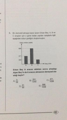 ar
*
in
5. Bir otomobil almaya karar veren Erkan Bey, A, B ve
Caraçları için o güne kadar yapılan satışlarla ilgili
aşağıdaki sütun grafiğini oluşturmuştur.
Satış miktan (adet)
371
26
200
A
B
D) 355
95
Erkan Bey A aracını aldıktan sonra arkadaşı
Alper Bey'