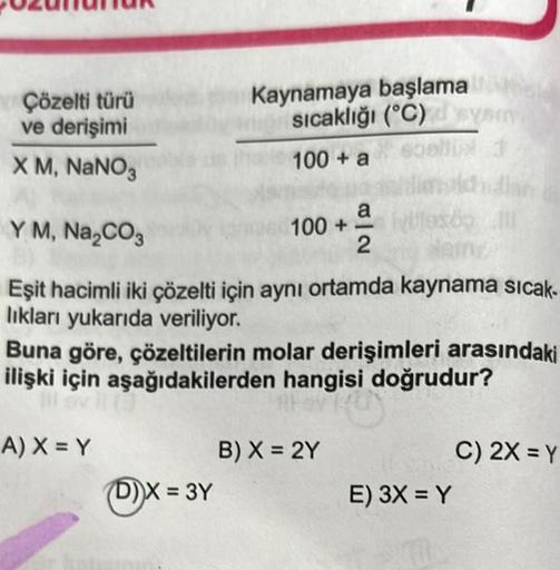 Çözelti türü
ve derişimi
X M, NaNO3
Y M, Na₂CO3
Eşit hacimli iki çözelti için aynı ortamda kaynama sıcak.
lıkları yukarıda veriliyor.
Kaynamaya başlama
sıcaklığı (°C) syem
100 + a
edell
adipidudlan
a
100+ - ivilexöp Ill
2
Buna göre, çözeltilerin molar deri