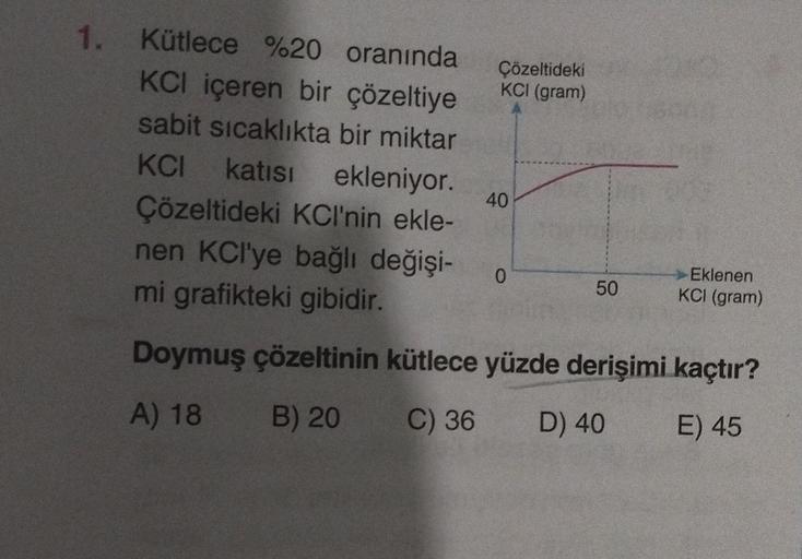 1. Kütlece %20 oranında
KCI içeren bir çözeltiye
sabit sıcaklıkta bir miktar
KCI katısı ekleniyor.
Çözeltideki KCI'nin ekle-
nen KCl'ye bağlı değişi- 0
mi grafikteki gibidir.
Çözeltideki
KCI (gram)
40
50
Eklenen
KCI (gram)
Doymuş çözeltinin kütlece yüzde d