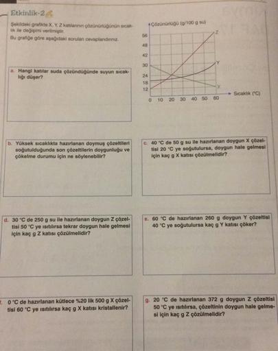 Etkinlik-24
Şekildeki grafikte X, Y, Z katılarının çözünürlüğünün sıcak-
lik ile değişimi verilmiştir.
Bu grafiğe göre aşağıdaki soruları cevaplandınınız.
a. Hangi katılar suda çözündüğünde suyun sıcak-
lığı düşer?
b. Yüksek sıcaklıkta hazırlanan doymuş çö