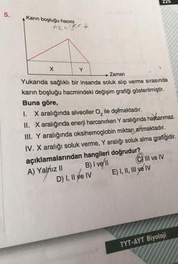 5.
Karın boşluğu hacmi
Akcijer ↓.
X
Y
Zaman
Yukarıda sağlıklı bir insanda soluk alıp verme sırasında
karın boşluğu hacmindeki değişim grafiği gösterilmiştir.
Buna göre,
225
1. X aralığında alveoller O, ile dolmaktadır.
II. X aralığında enerji harcanırken Y aralığında harcanmaz.
III. Y aralığında oksihemoglobin miktarı artmaktadır.
IV. X aralığı soluk verme, Y aralığı soluk alma grafiğidir.
açıklamalarından hangileri doğrudur?
A) Yalnız II
B) I vell
D) I, II e IV
CIII ve IV
E) I, II, III ye IV
TYT-AYT Biyoloji