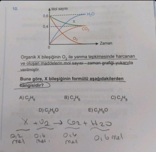 10.
0,6
0,4
P12
mel
0
Mol sayısı
016
X
0₂
Organik X bileşiğinin O, ile yanma tepkimesinde harcanan
ve oluşan maddelerin mol sayısı-zaman grafiği yukarıda
verilmiştir.
mel,
Buna göre, X bileşiğinin formülü aşağıdakilerden
hangisidir?
A) C₂H6
B) C₂H6
H₂O
D)