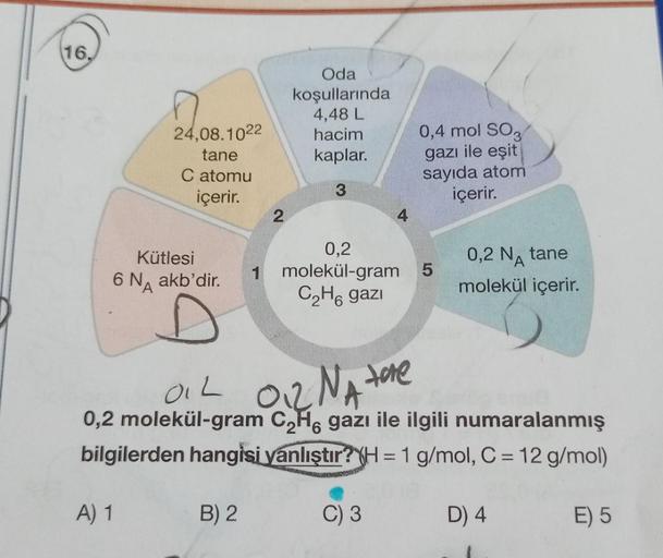 16.
A) 1
24,08.1022
tane
C atomu
içerir.
Kütlesi
6 NA
akb'dir.
Oda
koşullarında
4,48 L
hacim
kaplar.
3
B) 2
0,4 mol SO3
gazı ile eşit
sayıda atom
içerir.
0,2
molekül-gram 5
C₂H6 gazi
OIL
012 NA tare
0,2 molekül-gram C₂H6 gazı ile ilgili numaralanmış
bilgil