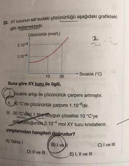 22. XY tuzunun saf sudaki çözünürlüğü aşağıdaki grafikteki
gibi değişmektedir.
Çözünürlük (mol/L)
2.10-4
1.10-4
10
Buna göre XX tuzu ile ilgili,
30
D) II ve III
w
Sıcaklık (°C)
Sıcaklık artışı ile çözünürlük çarpımı artmıştır.
II. 10 °C'de çözünürlük çarpımı 1.10-8 dir.
III. 30 °C'deki 1 litre doygun çözeltisi 10 °C'ye
soğutulduğunda 2.10-4 mol XY tuzu kristallenir.
yargılarından hangileri doğrudur?
A) Yalnız I
B) I vel
E) I, II ve III
Lo
C) I ve III