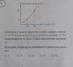 5.
40
Çözünürlük (g/100 g su)
X
30
Sıcaklık (°C)
Grafikte bir X tuzunun çözünürlük-sıcaklık değişimi verilmiş-
tir. 30 °C'ta hazırlanan 250 gram çözeltinin sıcaklığı 10 °C'a
düşürüldüğünde 40 gram X. katısı çözünmeden kalmakta-
dır.
A
2
Buna göre, başlangıçta çözeltideki X miktarı kaç gram-
dir?
A) 5 B) 20 C) 30 D) 40 E) 50
ROH