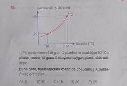 10.
45
Çözünürlük (g/100 g su)
20
50
X
C) 15
Sıcaklık (°C)
10
10 °C'ta hazırlanan 215 gram X çözeltisinin sıcaklığını 50 °C'a
çıkarıp üzerine 75 gram X ekleyince doygun çözelti elde edil-
miştir.
Buna göre, başlangıçtaki çözeltide çözünmüş X mikta-
ri kaç gramdır?
A) 5
B) 10
D) 20
E) 25