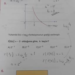 5.
6.
O
(1
√b
0
f(1/2) = log 1/2 = 1
2-7
id
1
2
9=2
O
b4 = 81
1=3
Yukarıda f(x) = log x fonksiyonunun grafiği verilmiştir.
f(f(k)) = -2 olduğuna göre, k kaçtır?
A) 2-1
B) 2-2
C) 2-3
➤X
f(x) = log₂x
4
log₁
2
D) 2-4
f(f(K)) = -2
if(f(K)) = log
1 = 103 - 12
E) 2-8