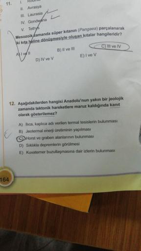 11.
II. Avrasya
III. Laurasia
IV. Gondwana
V. Tethys
164
Mesozoik zamanda süper kıtanın (Pangaea) parçalanarak
iki kita haline dönüşmesiyle oluşan kıtalar hangileridir?
B) II ve III
Al vell
D) IV ve V
E) I ve V
C) III ve IV
12. Aşağıdakilerden hangisi Anad