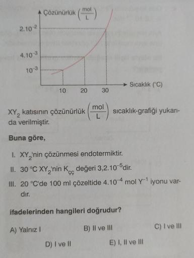 mol
A Çözünürlük (¹)
2.10-2
4.10 3
10-3
10
20
XY₂ katısının çözünürlük
da verilmiştir.
Buna göre,
30
D) I ve II
mol
Sıcaklık (°C)
sıcaklık-grafiği yukarı-
1. XY₂'nin çözünmesi endotermiktir.
II. 30 °C XY₂'nin Kc değeri 3,2.10-5dir.
III. 20 °C'de 100 ml çöz