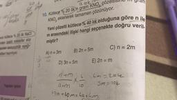 fon
nece % 20 lik NaCl
den belirli miktarlar alip
mer sonucunda aşağı-
tien hazırlıyor.
Yapılan işlem
3
50 gram saf s
a lok
10. Kütlece % 20 lik n gram KNO, çöz
KNO, eklenerek tamamen çözünüyor.
Yeni çözelti kütlece % 40 lik olduğuna göre n ile
m arasındaki ilişki hangi seçenekte doğru veril
miştir?
A) n = 3m
90
11
B) 2n = 5m
D) 3n = 5m
n+mu
atm
C) n = 2m
E) 2n = m
xa
lo
(on+hom=hathm
6m-20121
3m10k