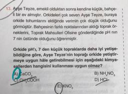 13. Ayşe Teyze, emekli olduktan sonra kendine küçük, bahçe-
li bir ev almıştır. Orkideleri çok seven Ayşe Teyze, buraya
orkide tohumlarını ektiğinde verimin çok düşük olduğunu
görmüştür. Bahçesinin farklı noktalarından aldığı toprak ör-
neklerini, Toprak Mahsulleri Ofisine gönderdiğinde pH nin
7 nin üstünde olduğunu öğrenmiştir.
Orkide pH'ı, 7 den küçük topraklarda daha iyi yetişe-
bildiğine göre, Ayşe Teyze'nin toprağı orkide yetiştir-
meye uygun hâle getirebilmesi için aşağıdaki kimya-
sallerden hangisini kullanması uygun olmaz?
A) CaCO3
C) CH₂COOH
E) KNO3
B) NH NO
D) HCL