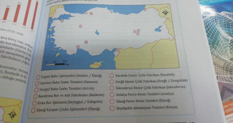 timi (TÜİK, 2019)
sıra kireç taşı, sodyum
da kurulmuştur. Kirke
Sindadır (Harita 2.26)
nit sanayisinin geli
fabrikaların yoğun
kumudur. Seramik
e), Bozüyük ve Sö-
a olduğu yerlerdir
minel
verilen maden işleme t
115
230
km
şieşumm112.
10
O Ergani Bakır İşle