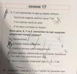 DENEME 17
X, Y ve Z elementleri ile ilgili şu bilgiler veriliyor;
Üçününde değerlik elektron sayısı 7'dir.
Y'nin katman sayısı en azdır.
Z'nin atom numarası en fazladır.
Buna göre, X, Y ve Z elementleri ile ilgili aşağıdaki
yargılardan hangisi yanlıştır?
-
A)Halojendirler
A
Ametalik özellik gösterirler.
Elektron almaya yatkın elementlerdir.
z
Birer elektron aldıklarında proton sayıları kendilerine
en yakın soy gazınkiyle aynı ol
E) Atom numaraları arasındaki ilişki ZX> Y'dir.
xxx t
13. Aşağıdaki I. tabloda X, Y ve Z harfleri ile gösterilen bazı
asitlerin tonggils