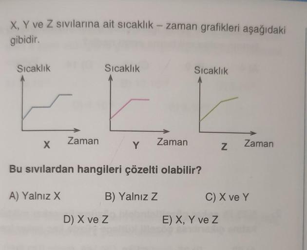 X, Y ve Z sıvılarına ait sıcaklık-zaman grafikleri aşağıdaki
gibidir.
Sıcaklık
-
X
Zaman
A) Yalnız X
Sıcaklık
Y
Zaman
Bu sıvılardan hangileri çözelti olabilir?
D) X ve Z
B) Yalnız Z
Sıcaklık
Z Zaman
C) X ve Y
E) X, Y ve Z