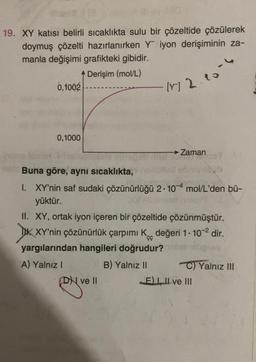 19. XY katısı belirli sıcaklıkta sulu bir çözeltide çözülerek
doymuş çözelti hazırlanırken Y iyon derişiminin za-
manla değişimi grafikteki gibidir.
Derişim (mol/L)
0,1002
0,1000
172.10
Zaman T
Unete strept
Buna göre, aynı sıcaklıkta,
I. XY'nin saf sudaki çözünürlüğü 2.104 mol/L'den bü-
yüktür.
Dve II
II. XY, ortak iyon içeren bir çözeltide çözünmüştür.
DK XY'nin çözünürlük çarpımı K değeri 1-10-² dir.
yargılarından hangileri doğrudur? nabry gey
A) Yalnız I
B) Yalnız II
C) Yalnız III
E) III ve III