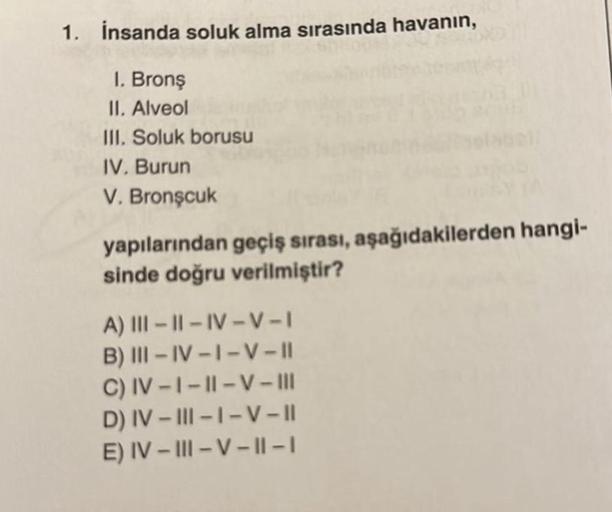 1. İnsanda soluk alma sırasında havanın,
I. Bronş
II. Alveol
III. Soluk borusu
IV. Burun
V. Bronşcuk
yapılarından geçiş sırası, aşağıdakilerden hangi-
sinde doğru verilmiştir?
A) III-II-IV-V-I
B) III-IV-1-V-II
C) IV-1-11-V-III
D) IV-III-1-V-II
E) IV-III-V-