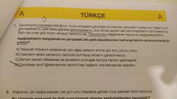 A
TÜRKÇE
A
9
1. Çevrenizde imrenerek baktığınız, mutlu ve başarılı gördüğünüz insanları yakından inceleyiniz. Yaşamı yük
görmediklerini, ufak tefek şeylere takılmadıklarını, olur olmaz şeyleri dert edinmediklerini fark edersiniz.
Sizin de onlar gibi mutlu olmaya hakkınız var. Tutumunuzu değiştirerek hayatınızı değiştirebilirsiniz.
Aşağıdakilerin hangisinde bu parçadaki altı çizili sözcüklerden herhangi birinin anlamca karşılığı
yoktur?
A) Yakacak ihtiyacını karşılamak için ağaç dallarını sırtına alıp evin yolunu tuttu.
B) İnsanların eksik yanlarının üstünde durmayıp artılarını görebilmeliyiz.
C) Zaman zaman öfkelense de annesinin yumuşak tavrıyla hemen sakinleşirdi.
BCocukken sınıf öğretmenimin azmini hep beğenir, ona benzemek isterdim.
2. Alışkanlık, bir halata benzer; her gün onu meydana getiren ince iplerden birini dokuruz.
istenen asağı kilerden hangisidir?