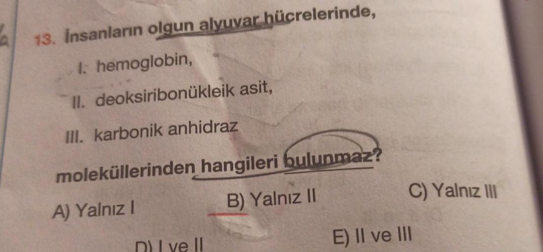 13. İnsanların olgun alyuvar hücrelerinde,
I. hemoglobin,
II. deoksiribonukleik asit,
III. karbonik anhidraz
moleküllerinden hangileri bulunmaz?
A) Yalnız I
B) Yalnız II
D) I ve II
C) Yalnız III
E) II ve III