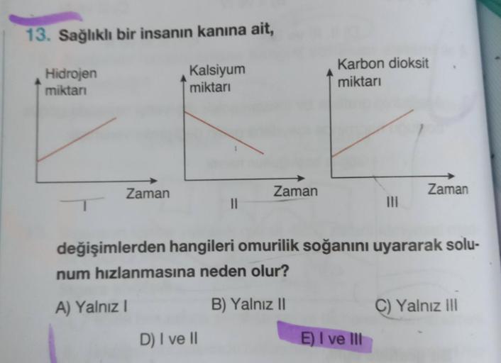 13. Sağlıklı bir insanın kanına ait,
Hidrojen
miktarı
Zaman
Kalsiyum
miktarı
||
D) I ve II
Zaman
Karbon dioksit
miktarı
|||
değişimlerden hangileri omurilik soğanını uyararak solu-
num hızlanmasına neden olur?
A) Yalnız I
B) Yalnız II
E) I ve III
Zaman
C)