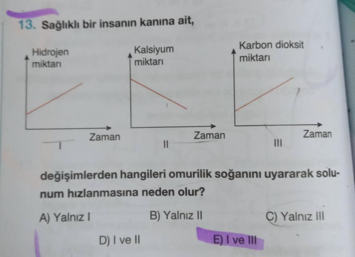 13. Sağlıklı bir insanın kanına ait,
Hidrojen
miktarı
Zaman
Kalsiyum
miktarı
||
D) I ve II
Zaman
Karbon dioksit
miktarı
|||
değişimlerden hangileri omurilik soğanını uyararak solu-
num hızlanmasına neden olur?
A) Yalnız I
B) Yalnız II
E) I ve III
Zaman
C) 