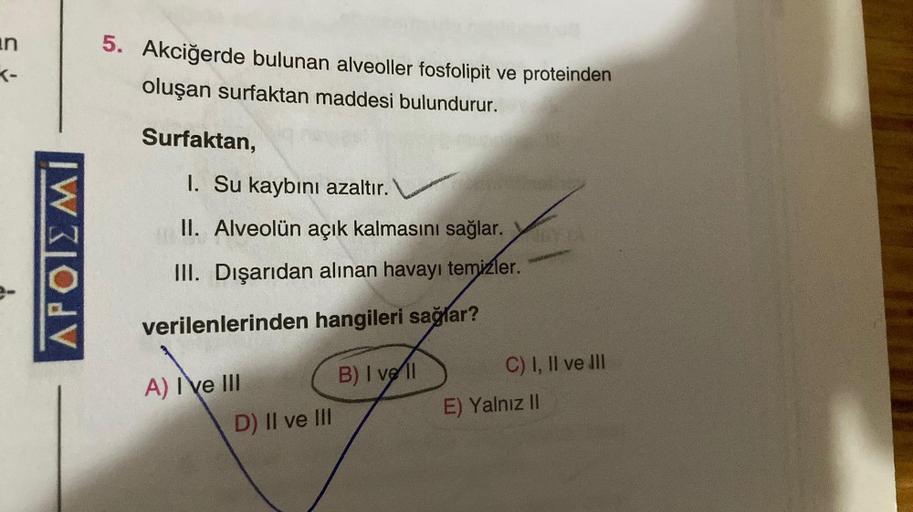 n
K-
APOIEMI
5. Akciğerde bulunan alveoller fosfolipit ve proteinden
oluşan surfaktan maddesi bulundurur.
Surfaktan,
1. Su kaybını azaltır.
II. Alveolün açık kalmasını sağlar.
III. Dışarıdan alınan havayı temizler.
verilenlerinden hangileri sağlar?
A) I ve