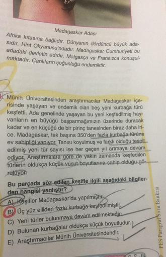 Madagaskar Adası
Afrika kıtasına bağlıdır. Dünyanın dördüncü büyük ada-
sıdır. Hint Okyanusu'ndadır. Madagaskar Cumhuriyeti bu
adadaki devletin adıdır. Malgasça ve Fransızca konuşul-
maktadır. Canlıların çoğunluğu endemiktir.
Münih Üniversitesinden araştır