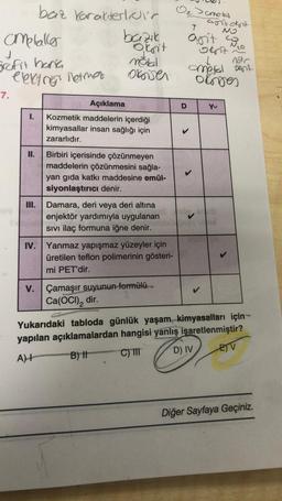 ametaller
J
grafit hana
elekting iletme
7.
419
Açıklama
1. Kozmetik maddelerin içerdiği
kimyasallar insan sağlığı için
zararlıdır.
II.
baz karakterlidir
bazık
Okoit
motal
okoisen
III.
V.
Birbiri içerisinde çözünmeyen
maddelerin çözünmesini sağla-
yan gıda katkı maddesine emül-
siyonlaştırıcı denir.
Damara, deri veya deri altına
enjektör yardımıyla uygulanan
SIVI ilaç formuna iğne denir.
IV. Yanmaz yapışmaz yüzeyler için
üretilen teflon polimerinin gösteri-
mi PET'dir.
Çamaşır suyunun formülü
Ca(OCI), dir.
O₂ Scmetal
cortokat
NO
9
an't co₂
5417 ~20
L
metal 27
orogen
Yu
Yukarıdaki tabloda günlük yaşam kimyasalları için
yapılan açıklamalardan hangisi yanlış işaretlenmiştir?
A)
B) It
C) III
D) IV
EV
Diğer Sayfaya Geçiniz.