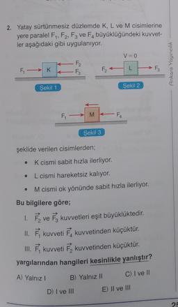 2. Yatay sürtünmesiz düzlemde K, L ve M cisimlerine
yere paralel F₁, F2, F3 ve F4 büyüklüğündeki kuvvet-
ler aşağıdaki gibi uygulanıyor.
F₁
K
●
Şekil 1
F₁
F₂
F3
şeklide verilen cisimlerden;
Bu bilgilere göre;
M
Şekil 3
K cismi sabit hızla ilerliyor.
D) I ve III
F₂
F4
V = 0
L
L cismi hareketsiz kalıyor.
M cismi ok yönünde sabit hızla ilerliyor.
Şekil 2
1. F ve
kuvvetleri eşit büyüklüktedir.
II. kuvveti kuvvetinden küçüktür.
III. ₁ kuvveti ₂ kuvvetinden küçüktür.
yargılarından hangileri kesinlikle yanlıştır?
A) Yalnız I
B) Yalnız II
C) I ve II
E) II ve III
F3
Ankara Yayıncılık
25